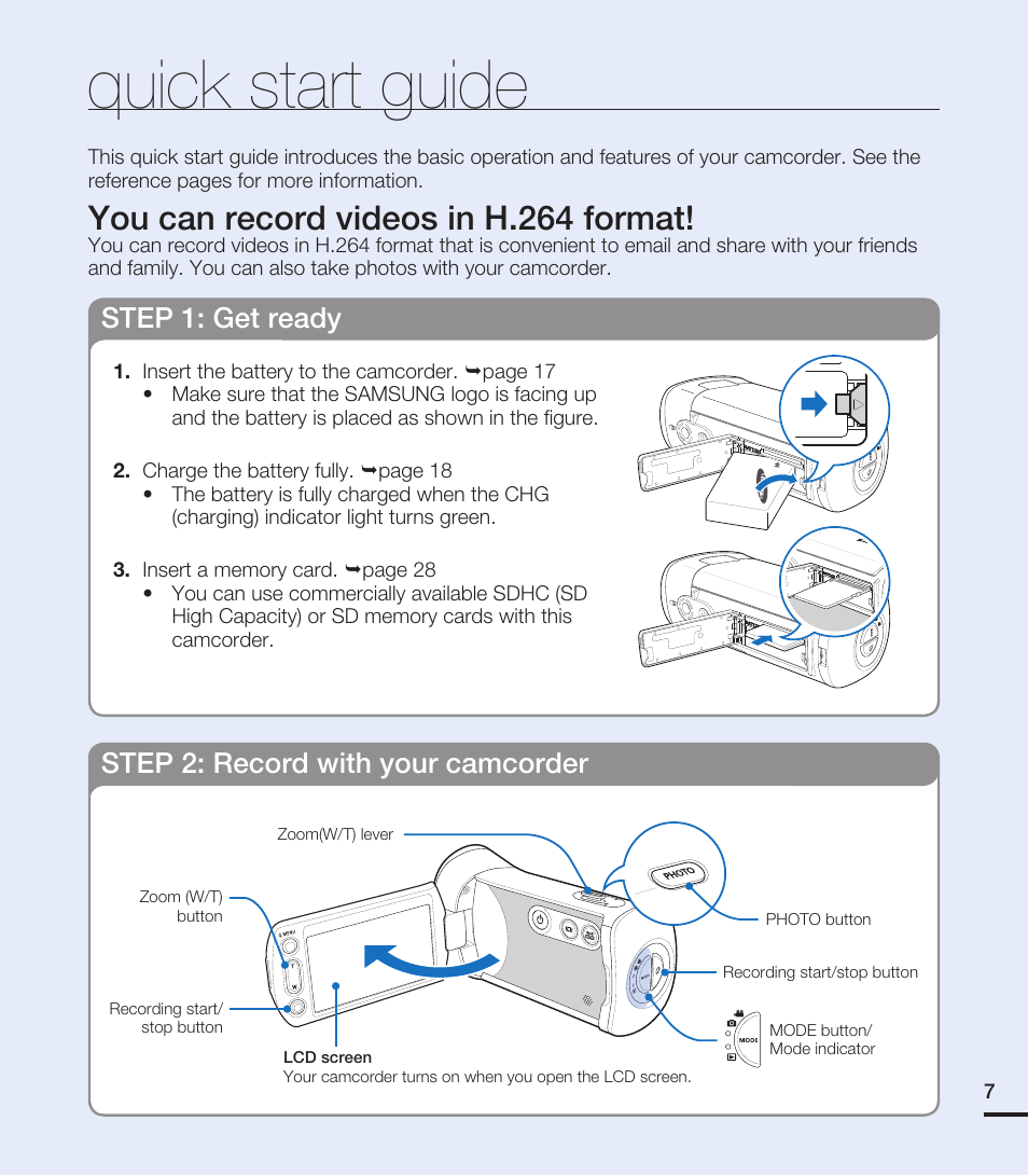 Quick start guide, You can record videos in h.264 format, Step 1: get ready | Step 2: record with your camcorder | Samsung HMX-T10ON-XAA User Manual | Page 13 / 123