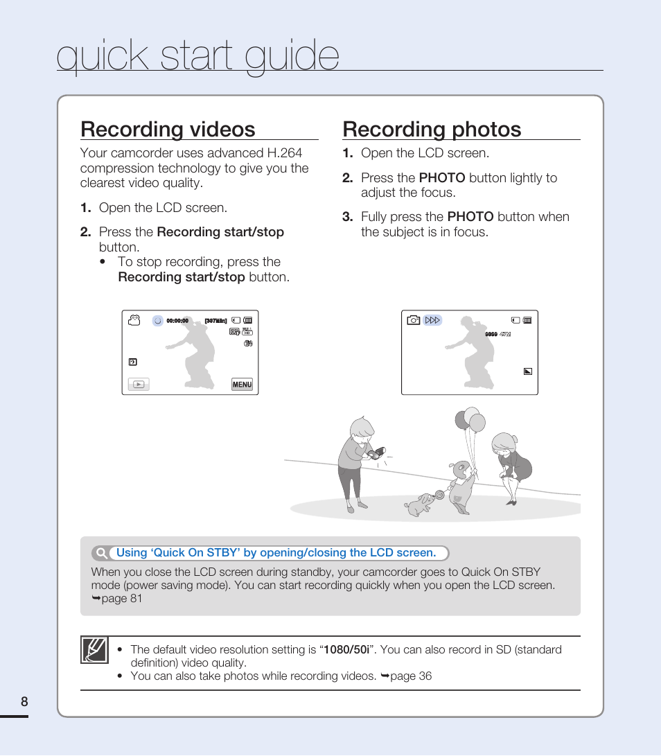 Quick start guide, Recording videos recording photos | Samsung HMX-T10ON-XAA User Manual | Page 14 / 123