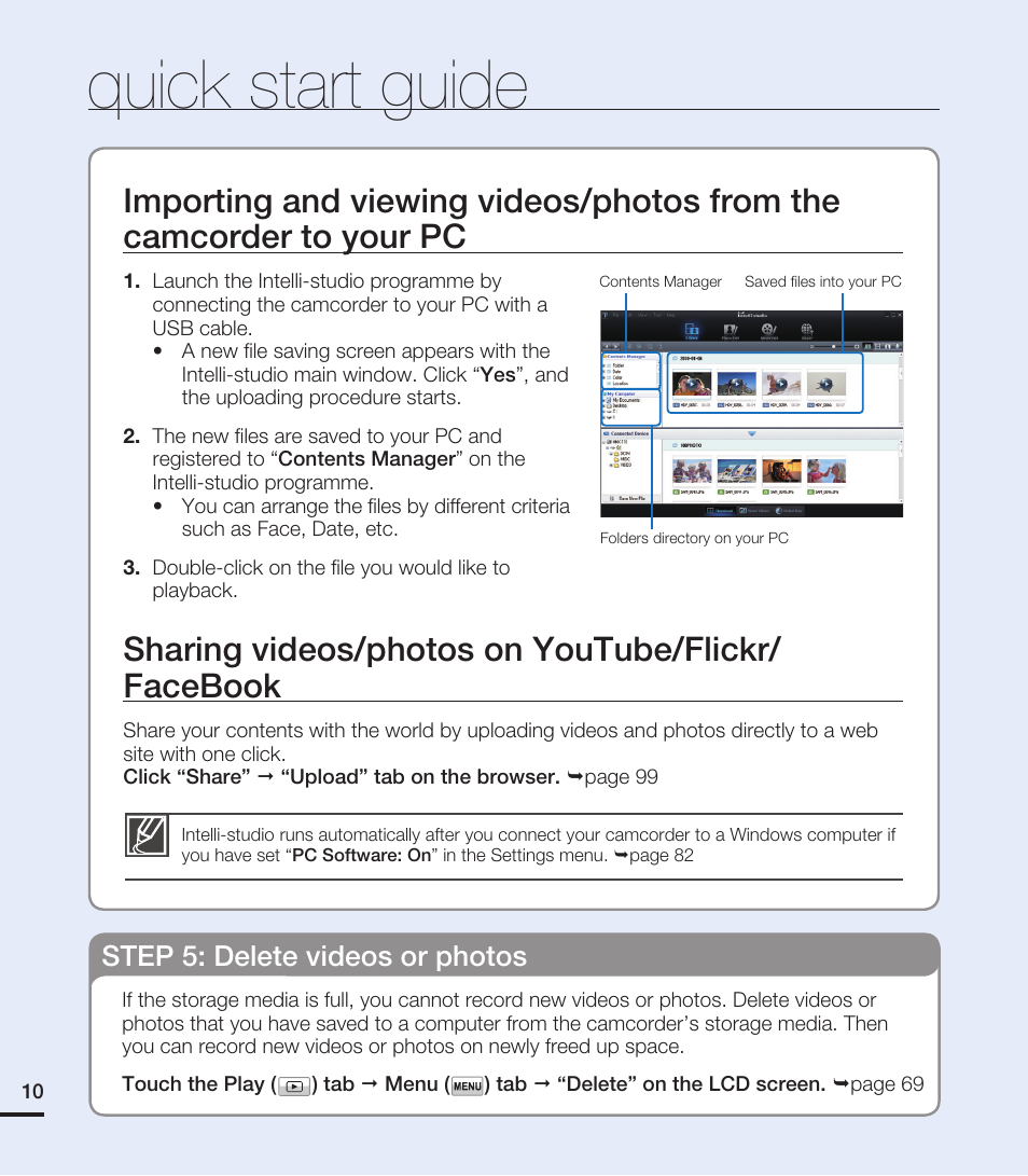 Quick start guide, Sharing videos/photos on youtube/flickr/ facebook, Step 5: delete videos or photos | Samsung HMX-T10ON-XAA User Manual | Page 16 / 123