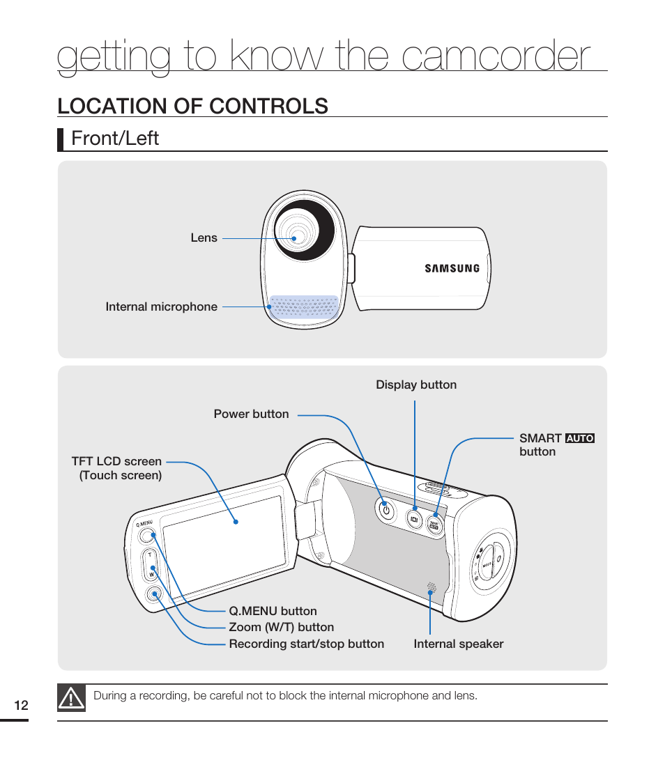 Location of controls, Getting to know the camcorder, Front/left | Samsung HMX-T10ON-XAA User Manual | Page 18 / 123