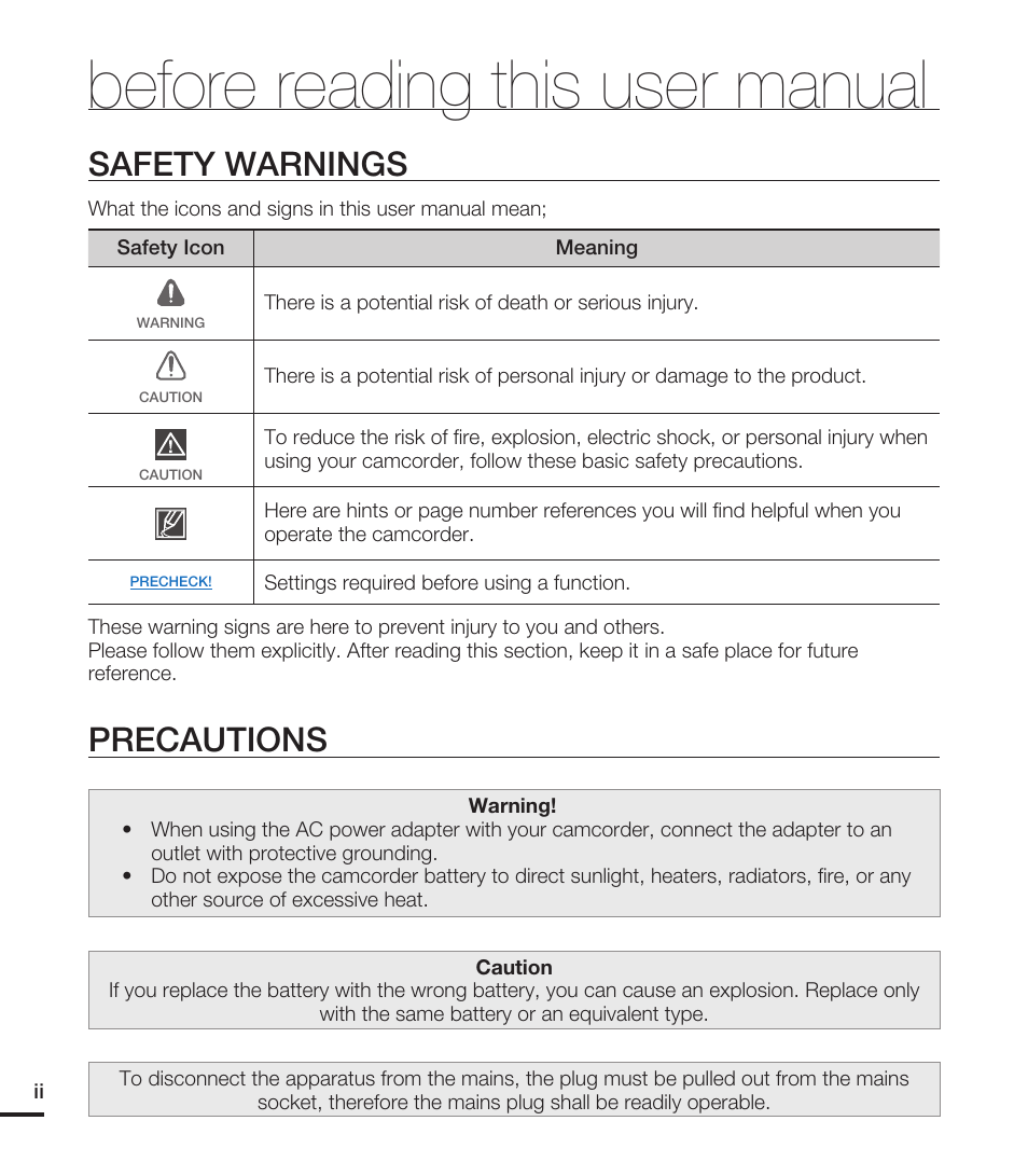 Before reading this user manual, Safety warnings, Precautions | Samsung HMX-T10ON-XAA User Manual | Page 2 / 123