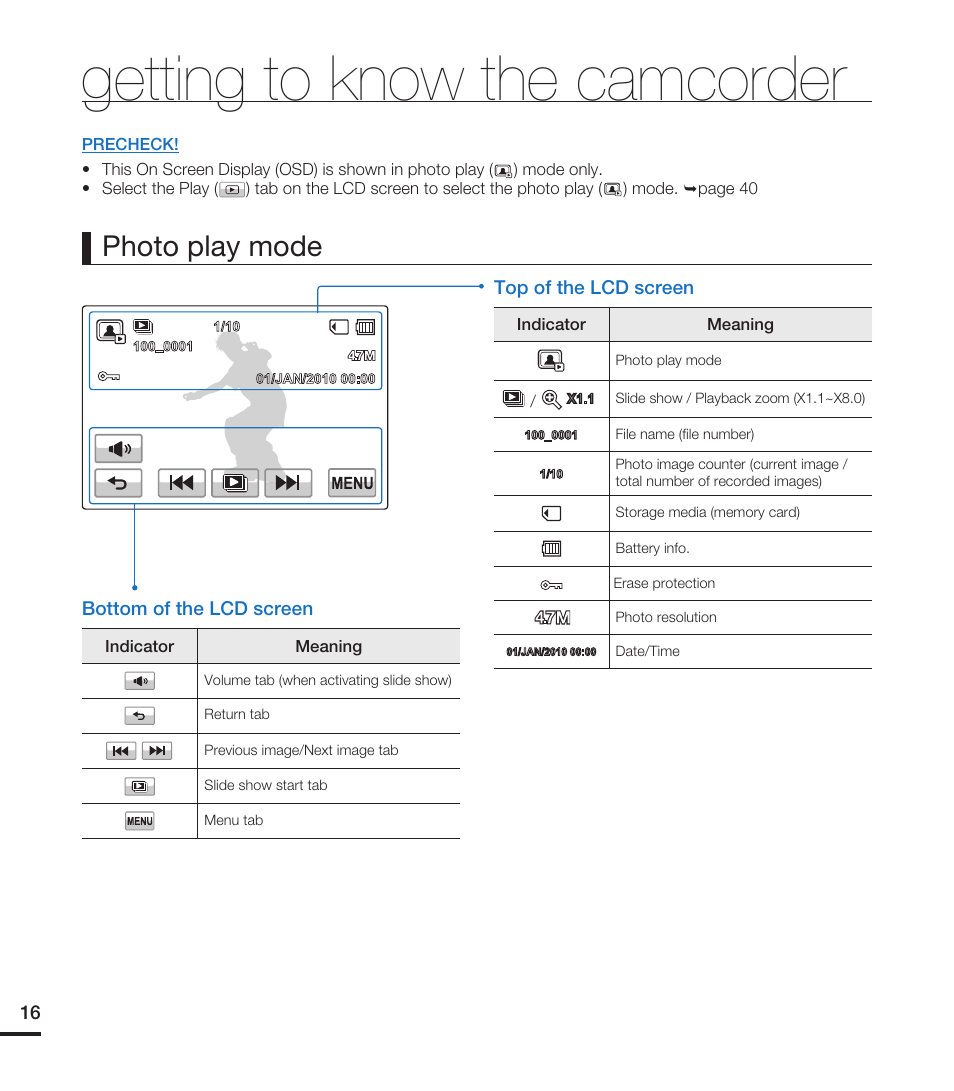 Getting to know the camcorder, Photo play mode | Samsung HMX-T10ON-XAA User Manual | Page 22 / 123