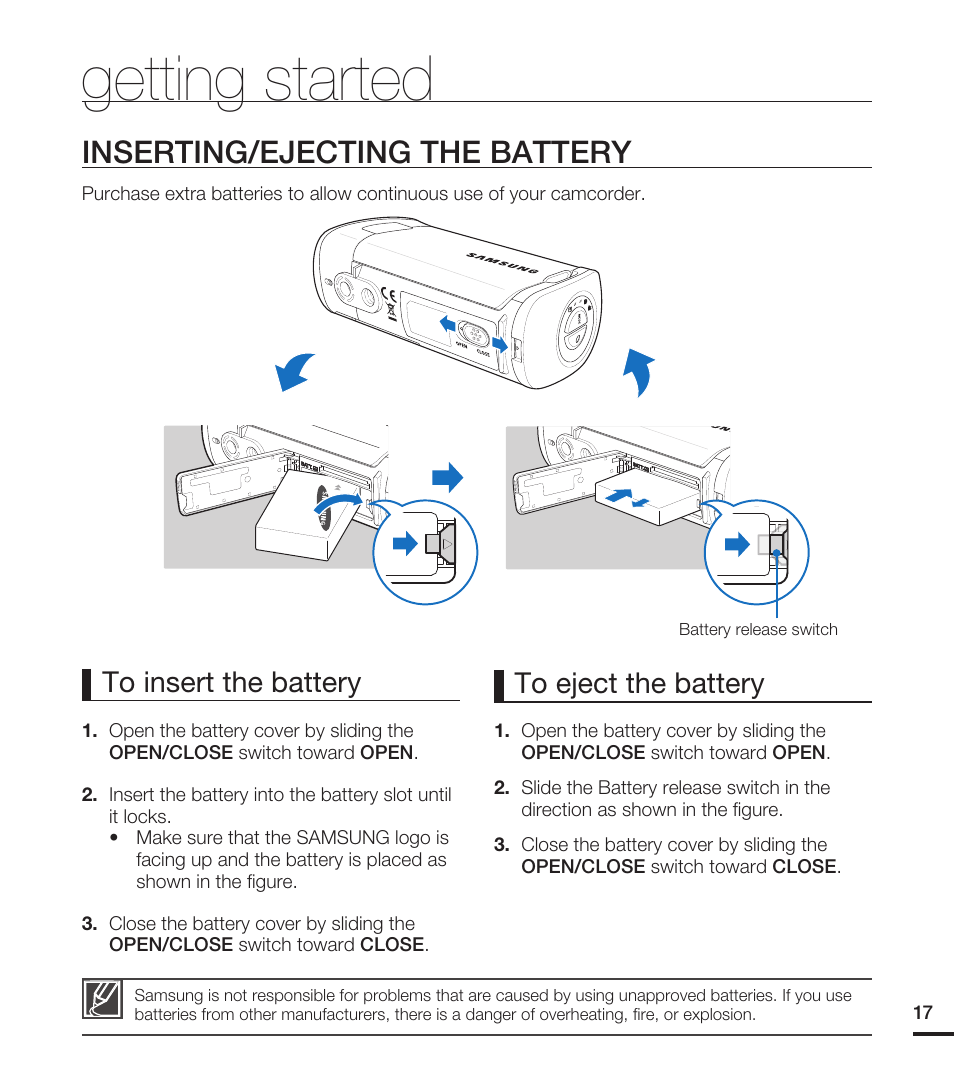 Getting started, Inserting/ejecting the battery | Samsung HMX-T10ON-XAA User Manual | Page 23 / 123