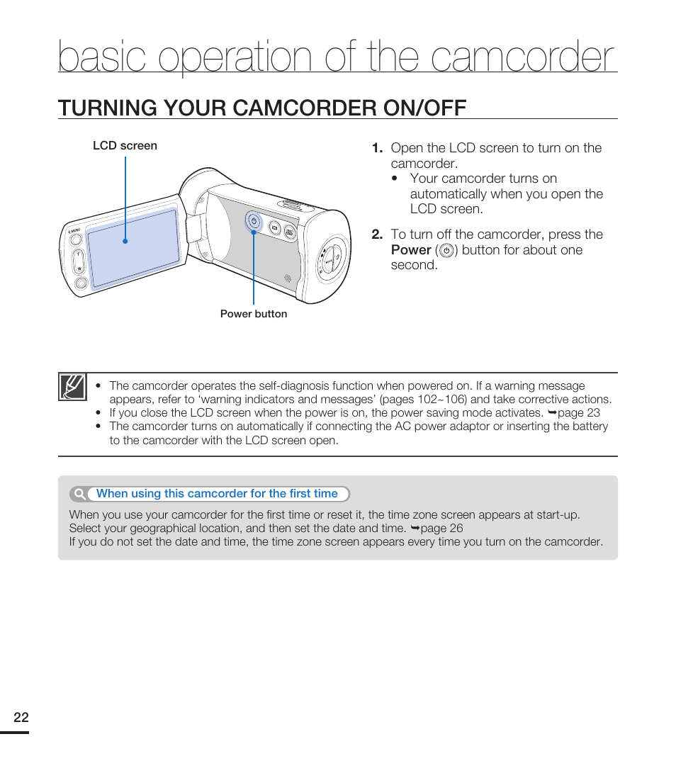 Basic operation of the camcorder, Turning your camcorder on/off | Samsung HMX-T10ON-XAA User Manual | Page 28 / 123