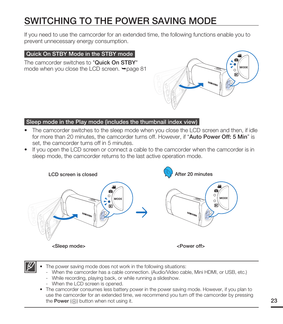 Switching to the power saving mode | Samsung HMX-T10ON-XAA User Manual | Page 29 / 123