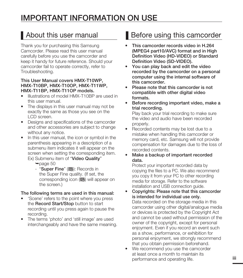 Important information on use, About this user manual before using this camcorder | Samsung HMX-T10ON-XAA User Manual | Page 3 / 123