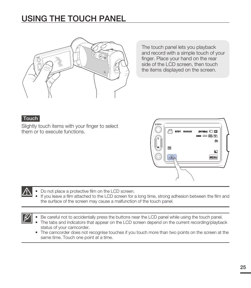 Using the touch panel | Samsung HMX-T10ON-XAA User Manual | Page 31 / 123