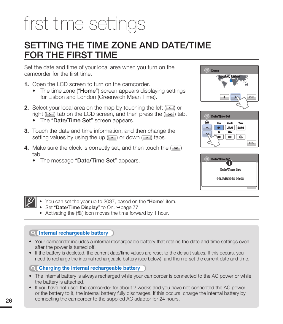 First time settings, FI rst time settings | Samsung HMX-T10ON-XAA User Manual | Page 32 / 123