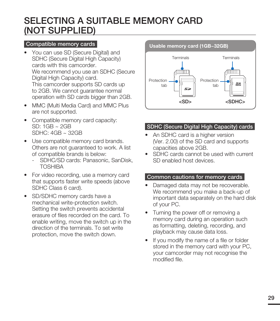 Selecting a suitable memory card (not supplied) | Samsung HMX-T10ON-XAA User Manual | Page 35 / 123