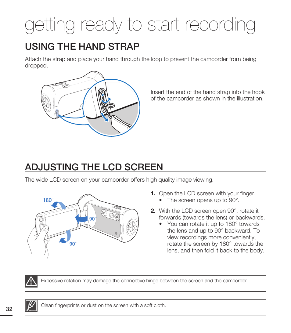 Using the hand strap, Adjusting the lcd screen, Getting ready to start recording | Samsung HMX-T10ON-XAA User Manual | Page 38 / 123