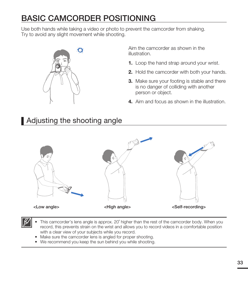 Basic camcorder positioning, Adjusting the shooting angle | Samsung HMX-T10ON-XAA User Manual | Page 39 / 123