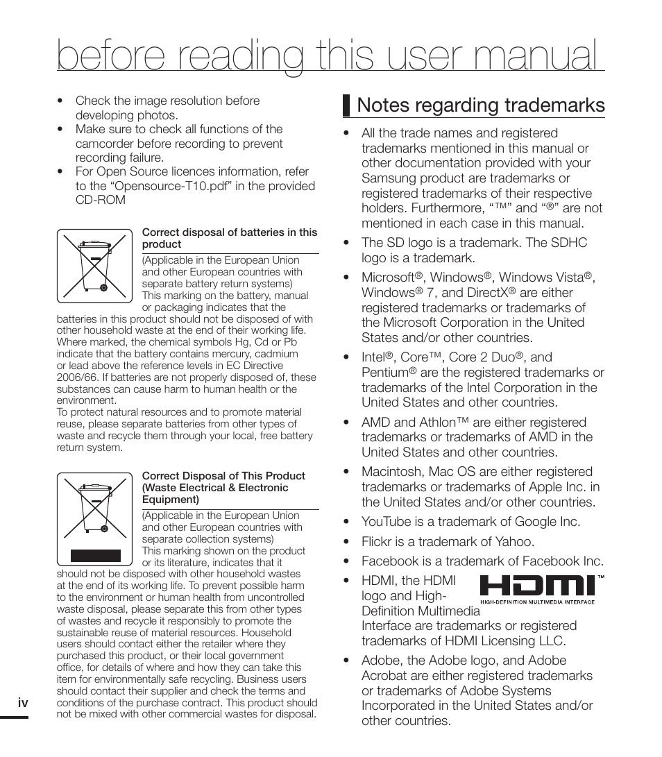 Before reading this user manual | Samsung HMX-T10ON-XAA User Manual | Page 4 / 123