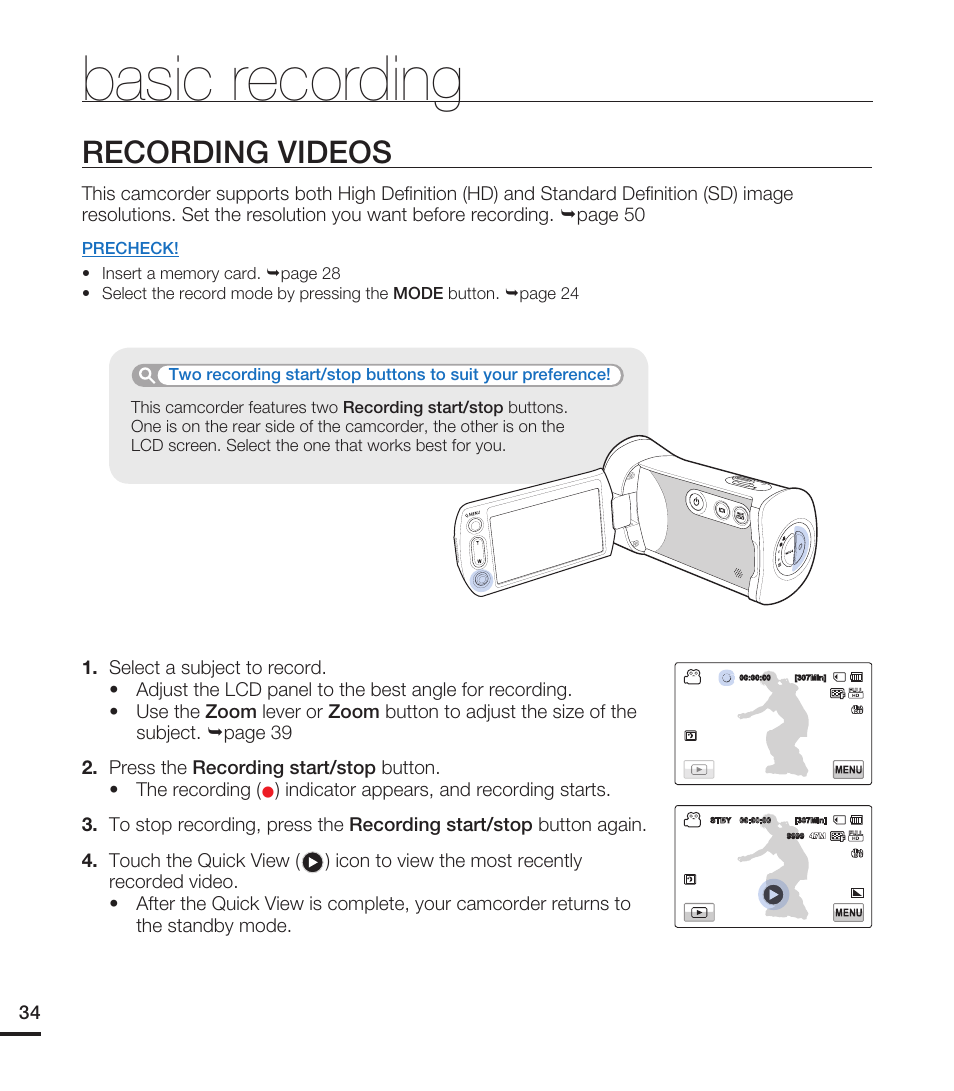 Basic recording, Recording videos | Samsung HMX-T10ON-XAA User Manual | Page 40 / 123