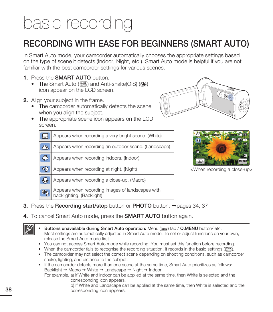 Recording with ease for beginners (smart auto), Basic recording | Samsung HMX-T10ON-XAA User Manual | Page 44 / 123