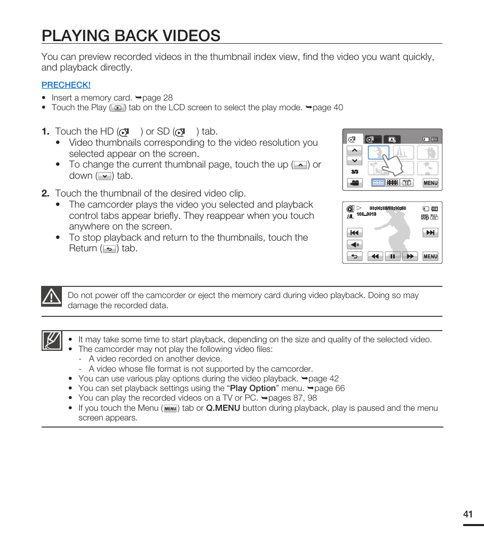 Playing back videos | Samsung HMX-T10ON-XAA User Manual | Page 47 / 123