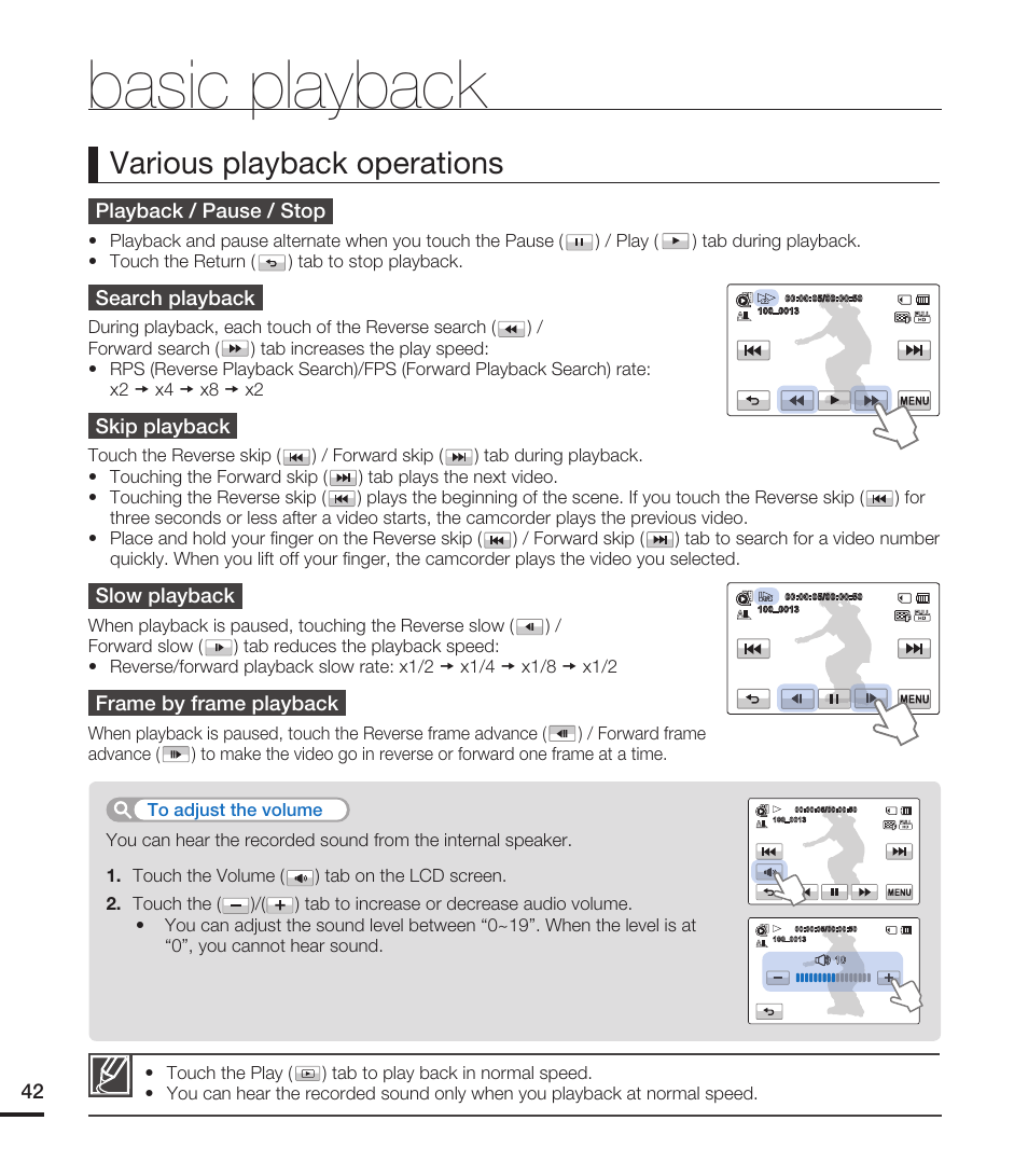 Basic playback, Various playback operations, Playback / pause / stop | Search playback, Skip playback, Slow playback, Frame by frame playback | Samsung HMX-T10ON-XAA User Manual | Page 48 / 123