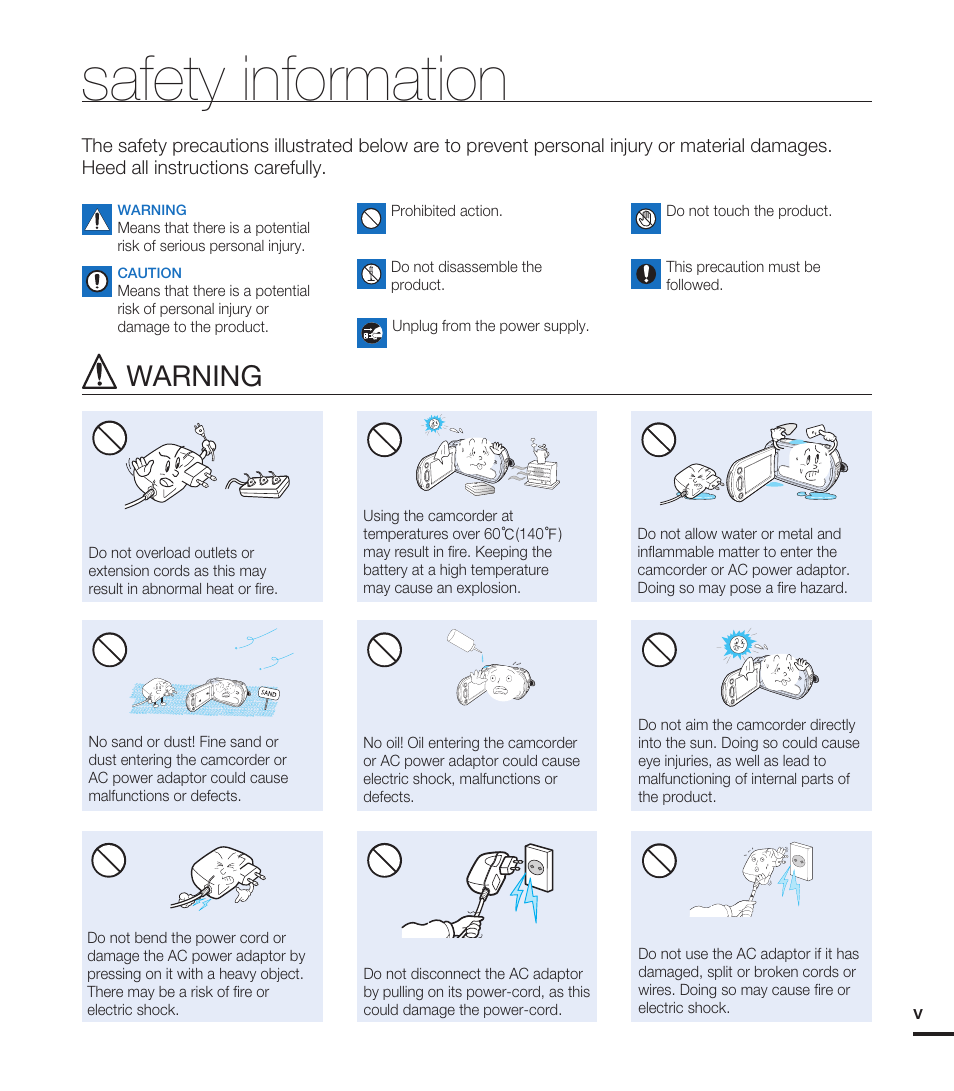 Safety information, Warning | Samsung HMX-T10ON-XAA User Manual | Page 5 / 123