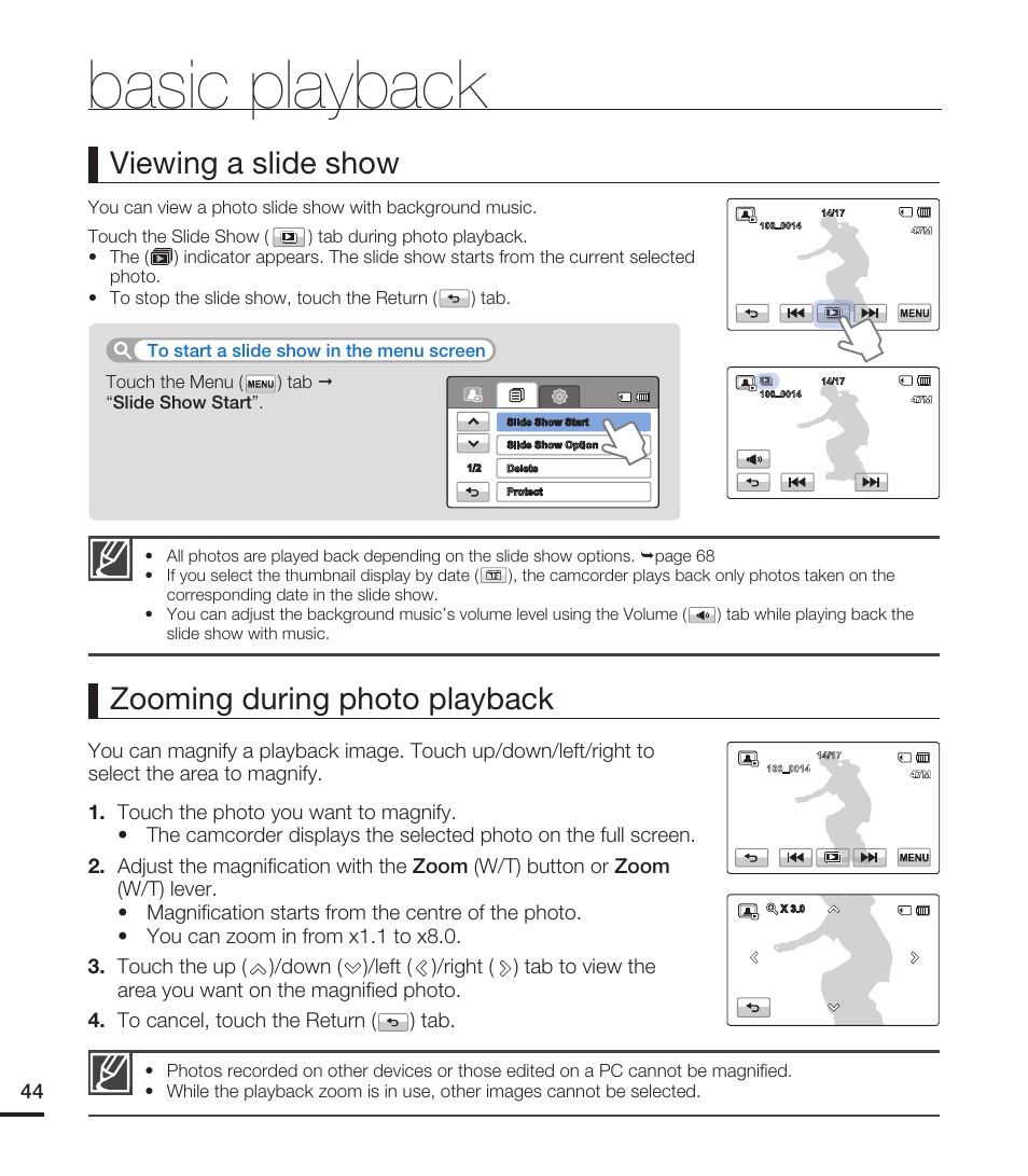 Basic playback, Viewing a slide show, Zooming during photo playback | Samsung HMX-T10ON-XAA User Manual | Page 50 / 123