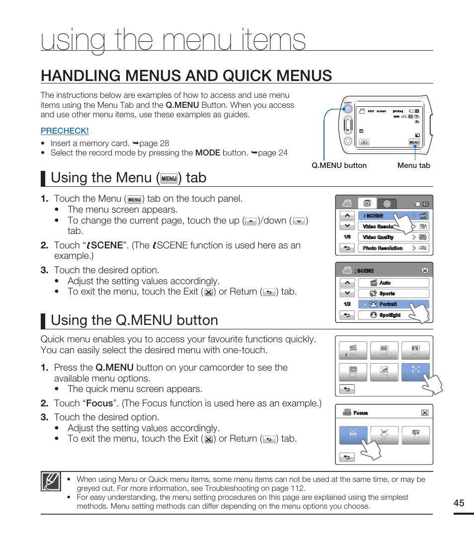 Using the menu items, Handling menus and quick menus, Using the menu ( ) tab | Using the q.menu button | Samsung HMX-T10ON-XAA User Manual | Page 51 / 123