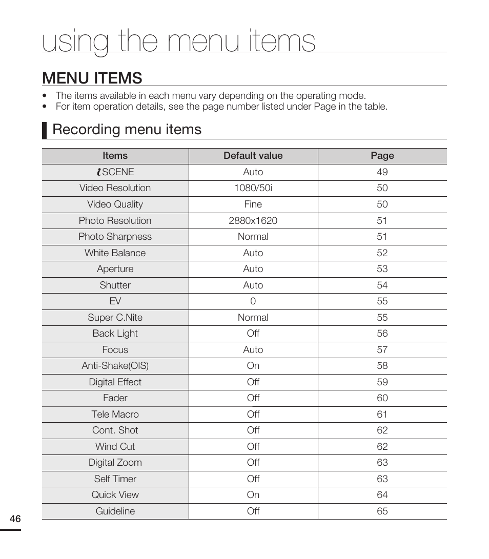 Menu items, Using the menu items, Recording menu items | Samsung HMX-T10ON-XAA User Manual | Page 52 / 123