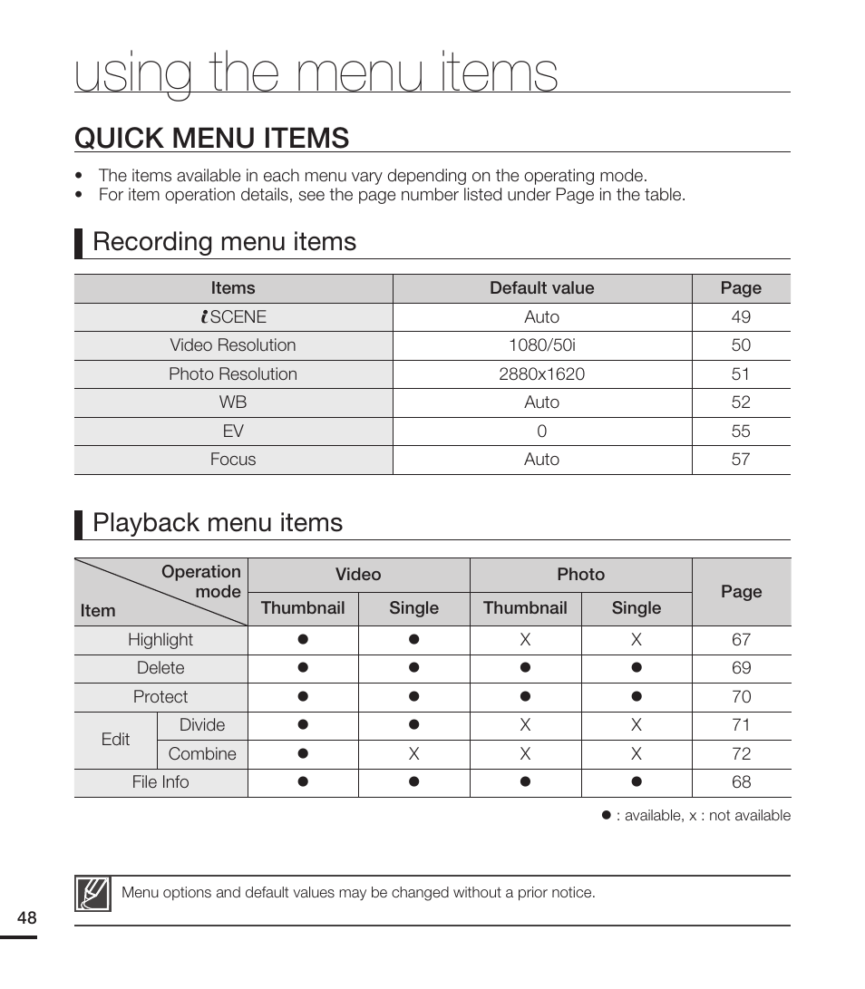 Quick menu items, Using the menu items, Recording menu items playback menu items | Samsung HMX-T10ON-XAA User Manual | Page 54 / 123