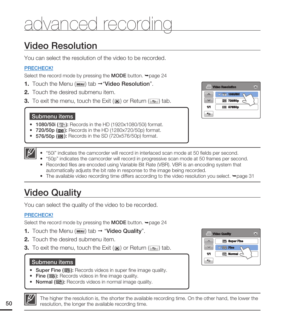 Video resolution, Video quality, Advanced recording | Samsung HMX-T10ON-XAA User Manual | Page 56 / 123