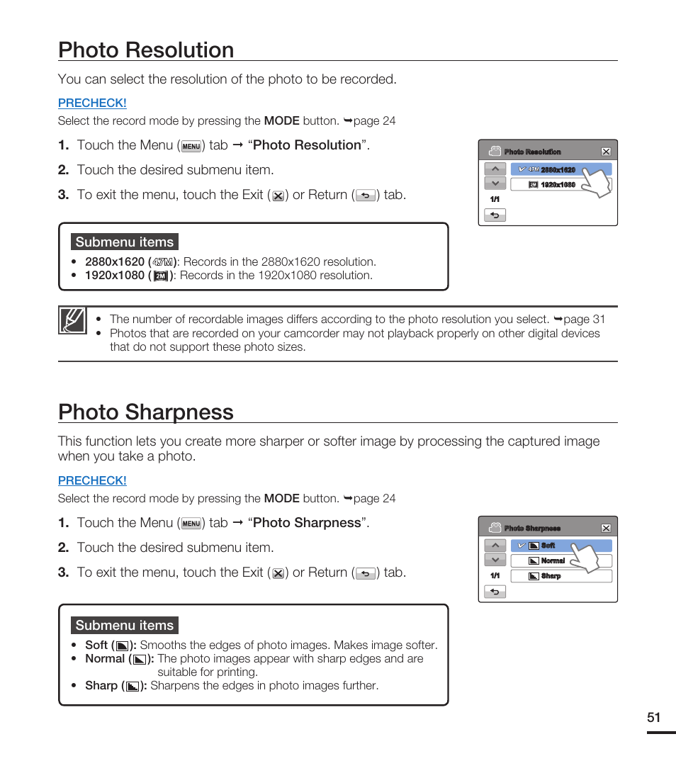 Photo resolution, Photo sharpness | Samsung HMX-T10ON-XAA User Manual | Page 57 / 123