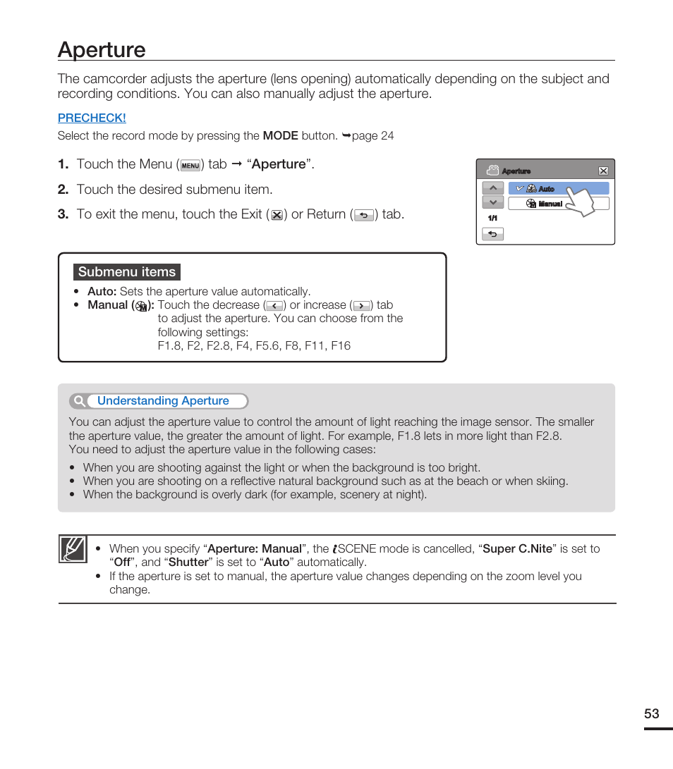 Aperture | Samsung HMX-T10ON-XAA User Manual | Page 59 / 123