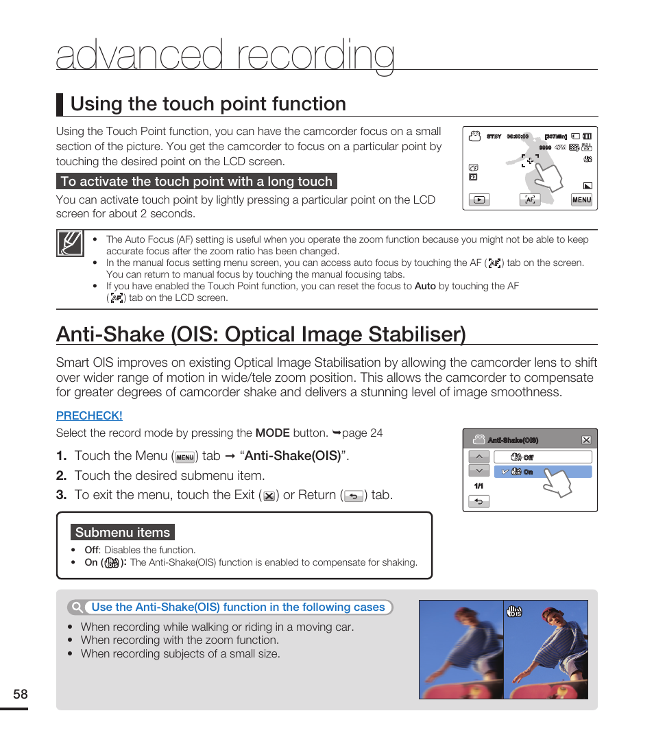 Anti-shake (ois: optical image stabiliser), Advanced recording, Using the touch point function | Samsung HMX-T10ON-XAA User Manual | Page 64 / 123