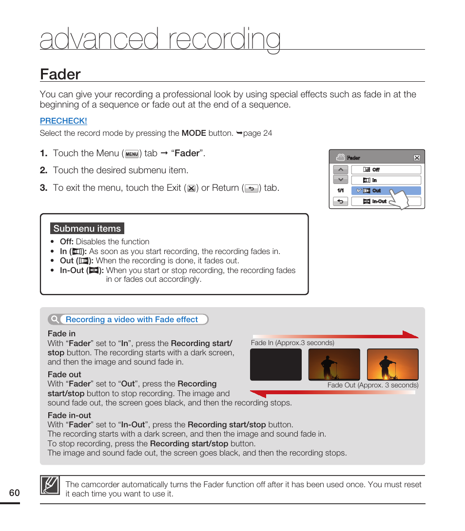 Fader, Advanced recording | Samsung HMX-T10ON-XAA User Manual | Page 66 / 123