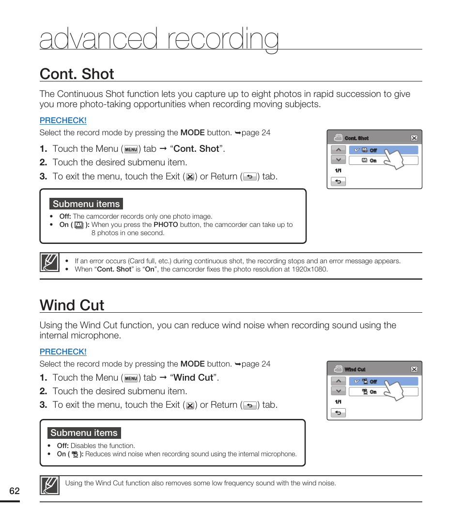 Cont. shot, Wind cut, Advanced recording | Samsung HMX-T10ON-XAA User Manual | Page 68 / 123