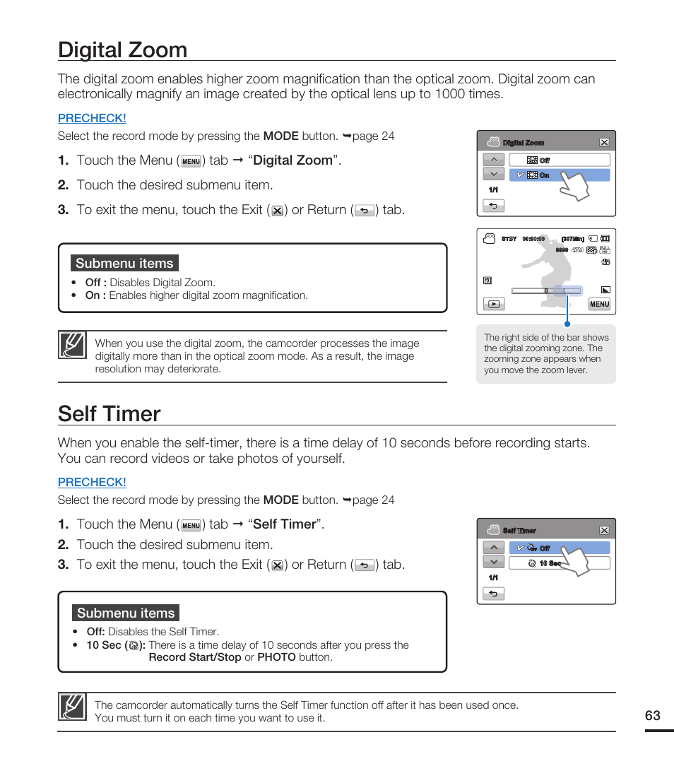 Digital zoom, Self timer | Samsung HMX-T10ON-XAA User Manual | Page 69 / 123