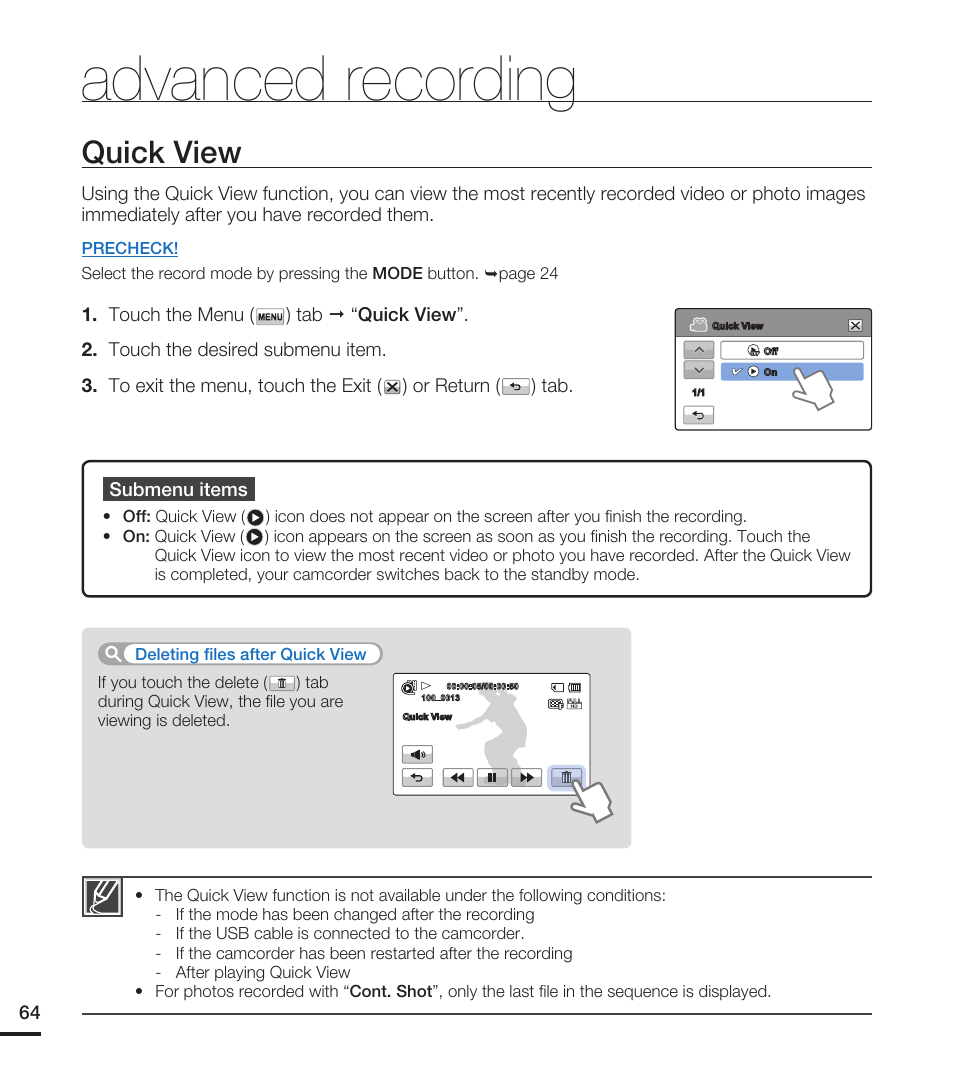 Quick view, Advanced recording | Samsung HMX-T10ON-XAA User Manual | Page 70 / 123