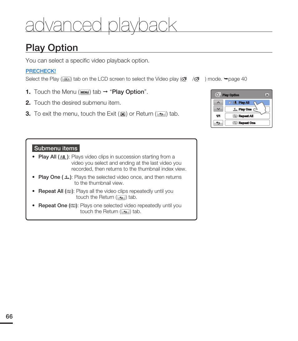 Advanced playback, Play option | Samsung HMX-T10ON-XAA User Manual | Page 72 / 123