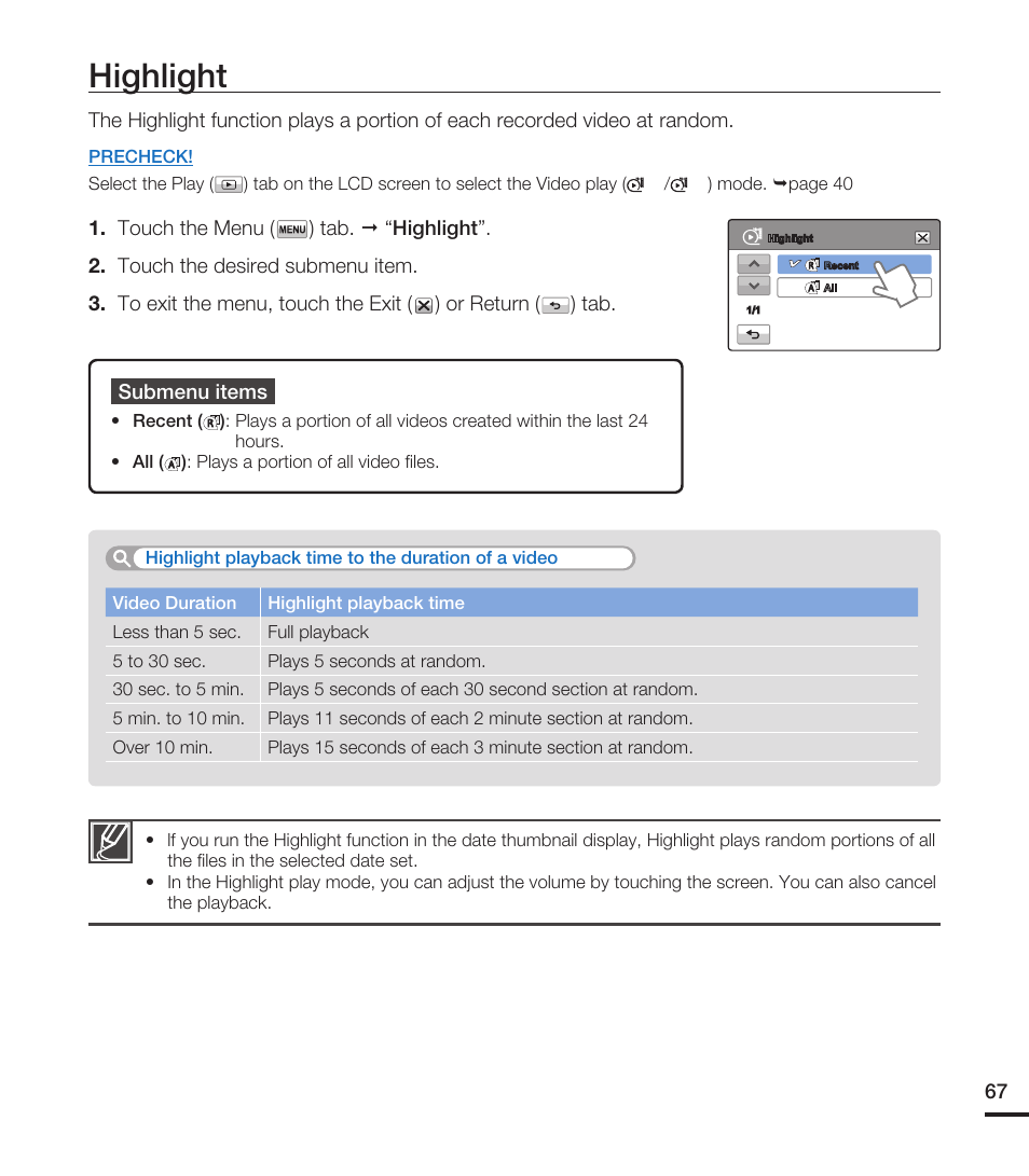 Highlight | Samsung HMX-T10ON-XAA User Manual | Page 73 / 123