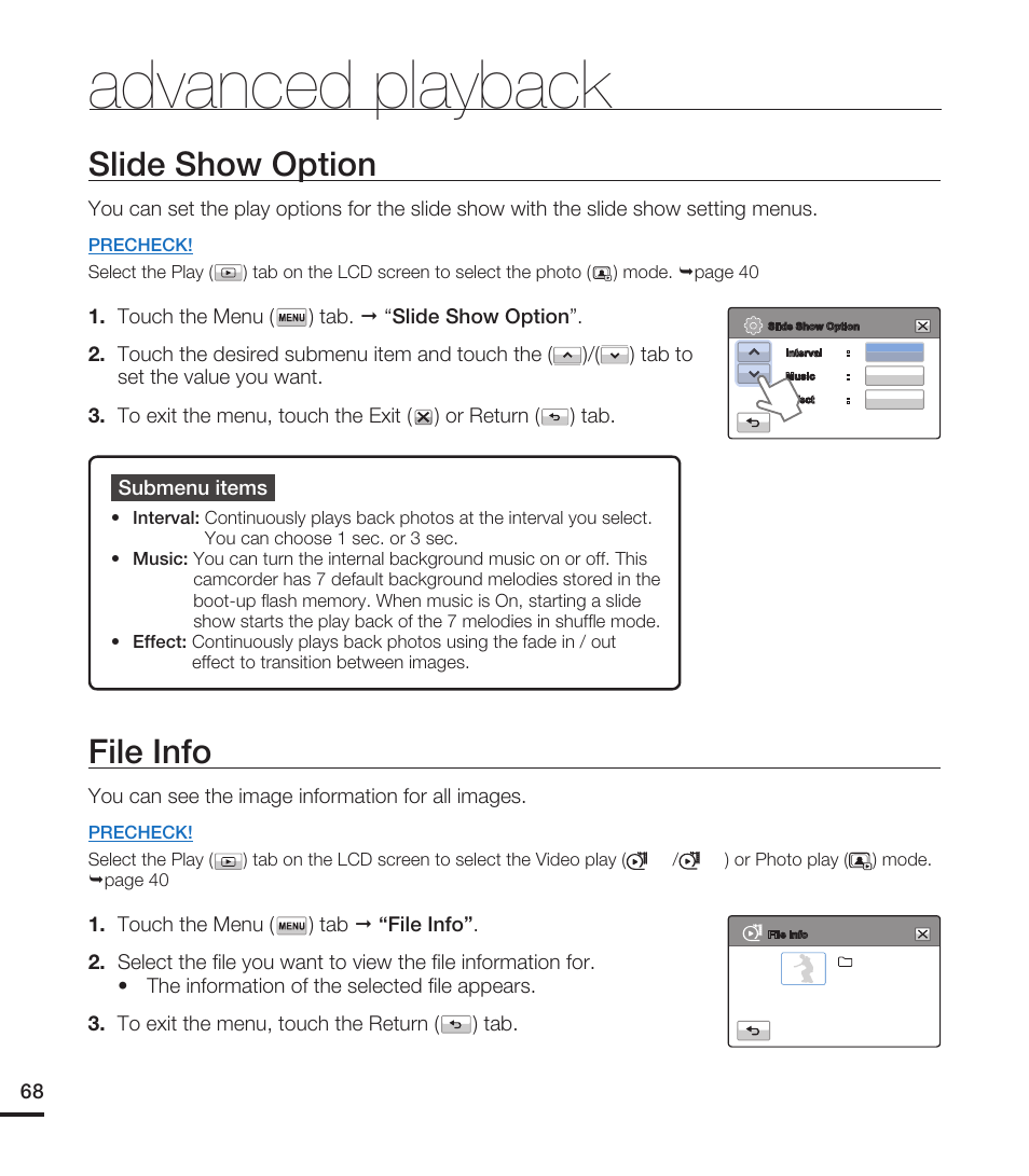 Slide show option, File info, Advanced playback | Samsung HMX-T10ON-XAA User Manual | Page 74 / 123