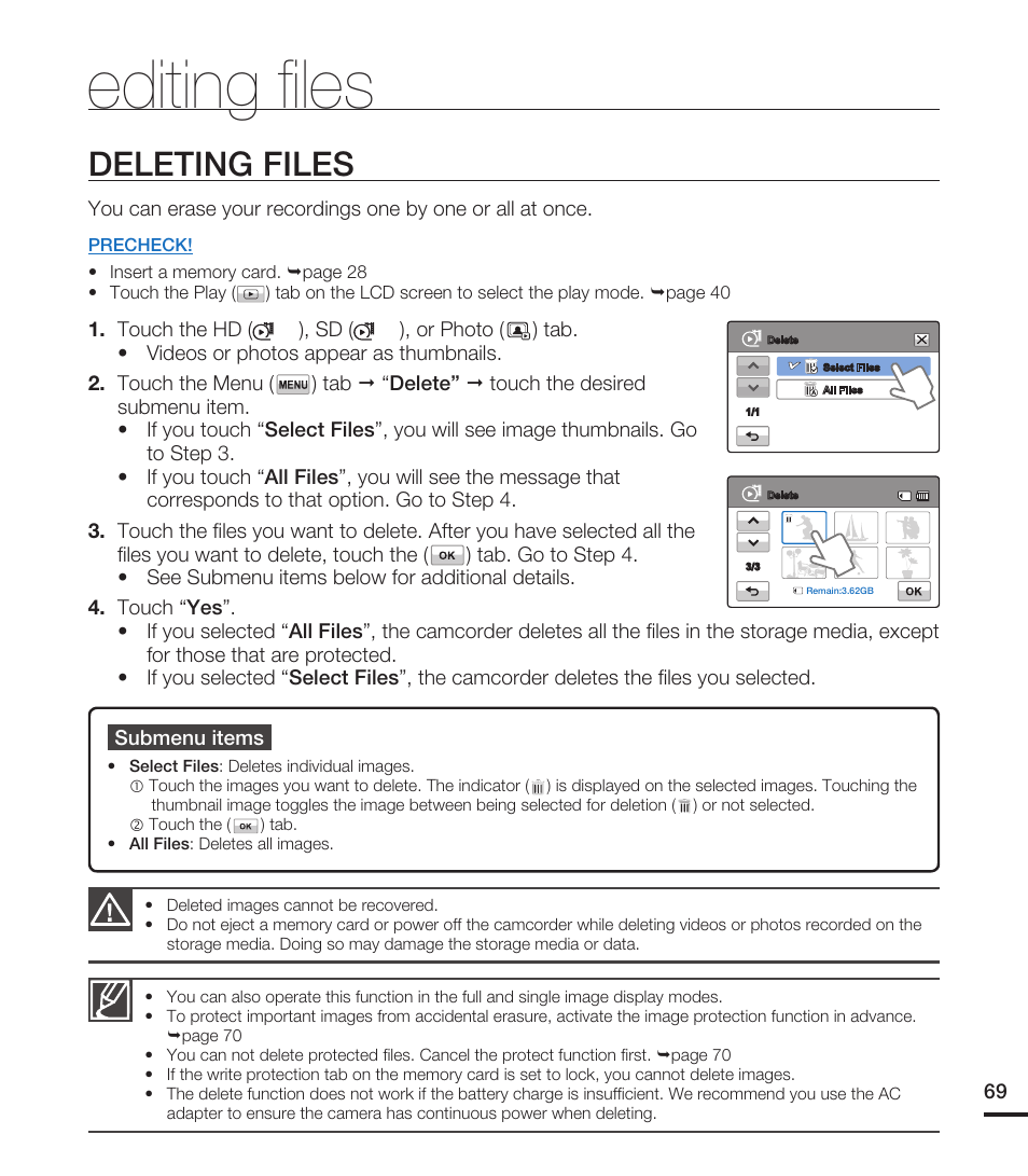 Editing files, Deleting files, Editing ﬁ les | Samsung HMX-T10ON-XAA User Manual | Page 75 / 123