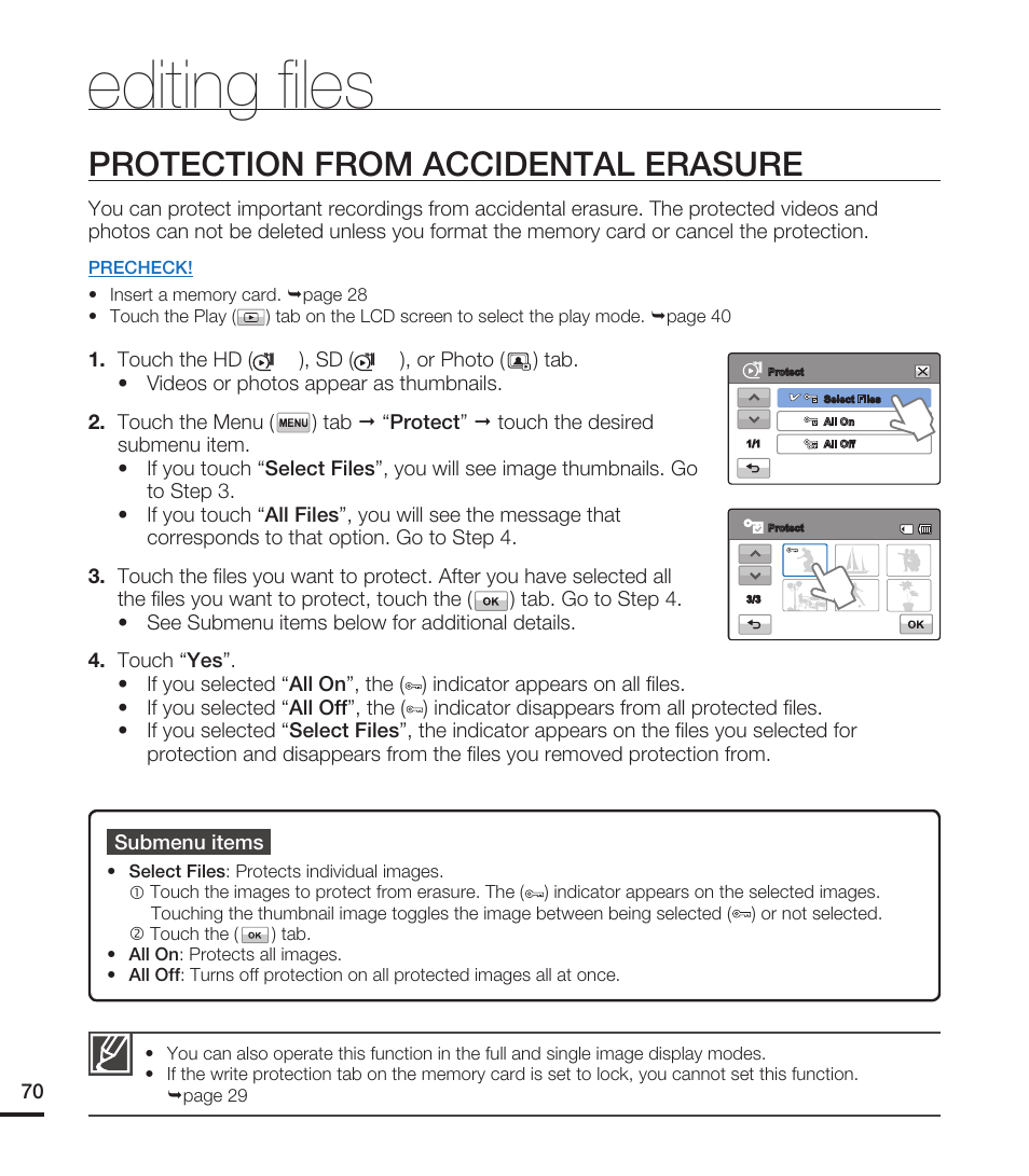 Protection from accidental erasure, Editing ﬁ les | Samsung HMX-T10ON-XAA User Manual | Page 76 / 123