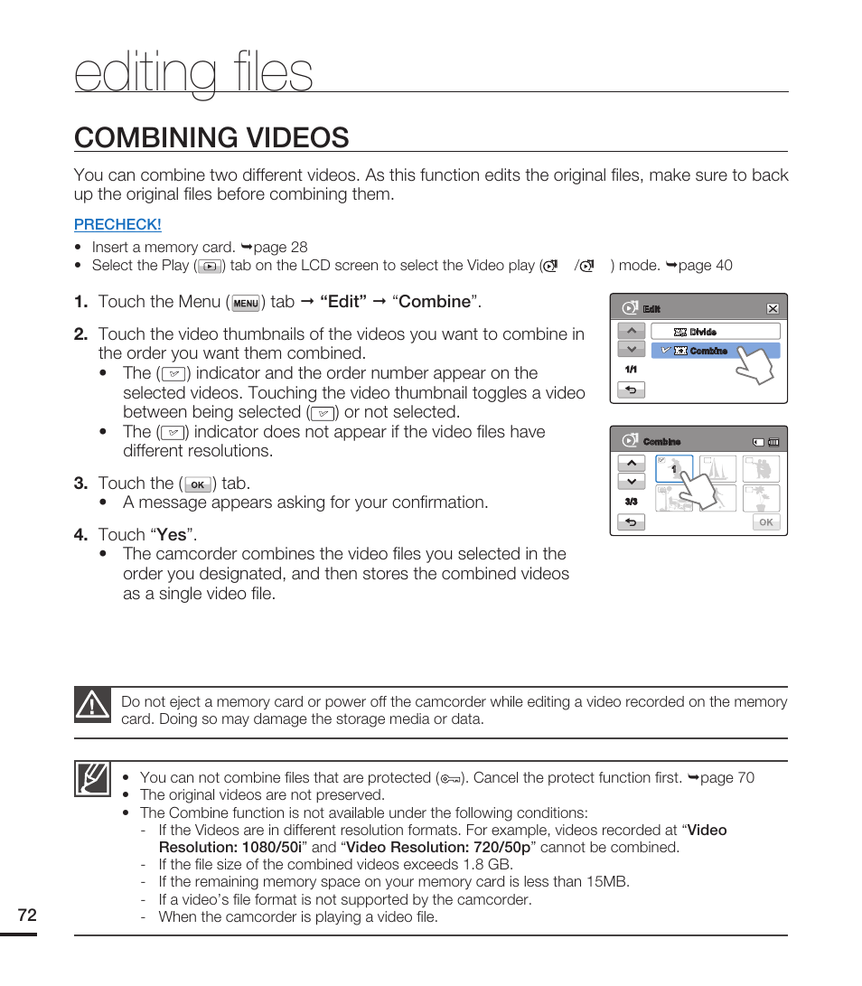 Combining videos, Editing ﬁ les | Samsung HMX-T10ON-XAA User Manual | Page 78 / 123