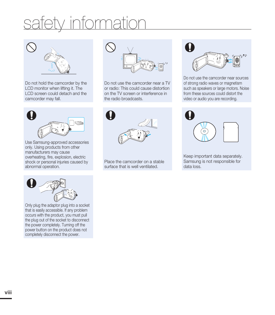 Safety information, Viii | Samsung HMX-T10ON-XAA User Manual | Page 8 / 123