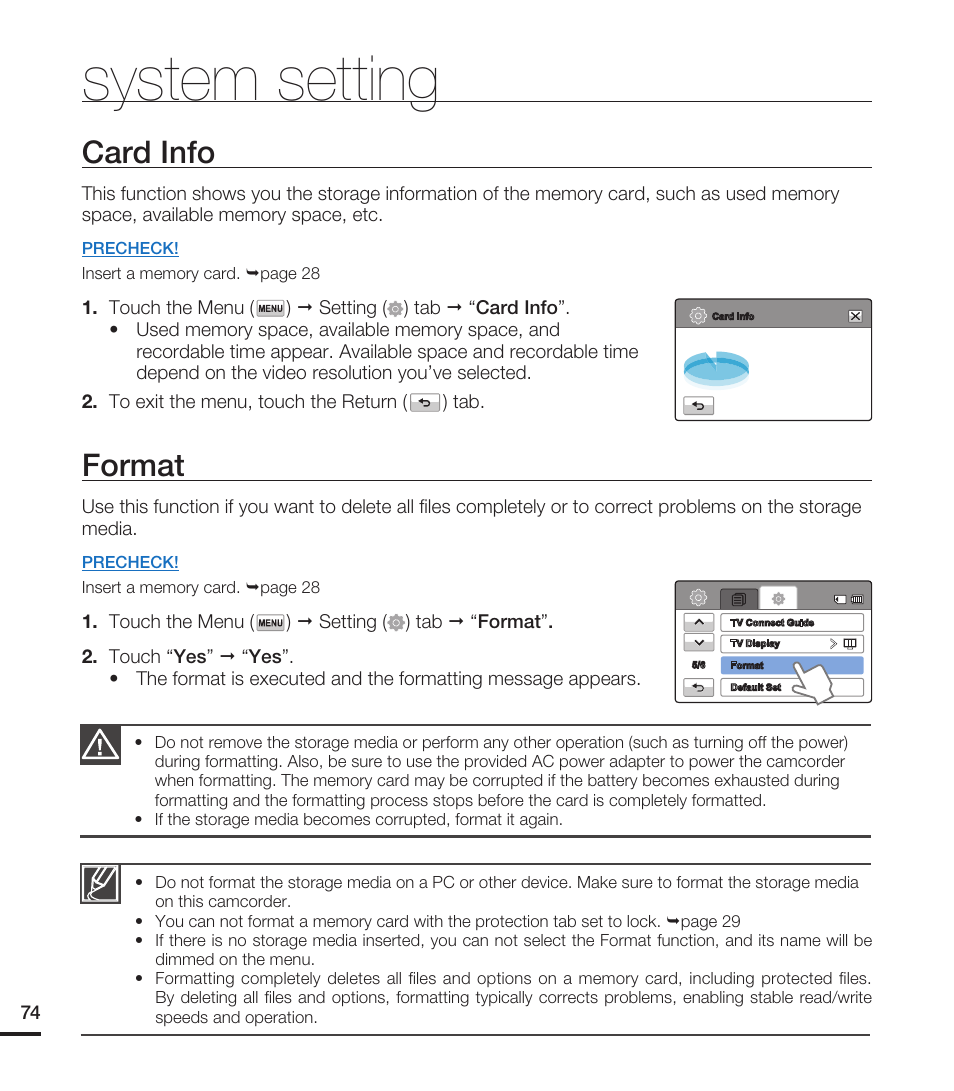 Card info, Format, System setting | Samsung HMX-T10ON-XAA User Manual | Page 80 / 123