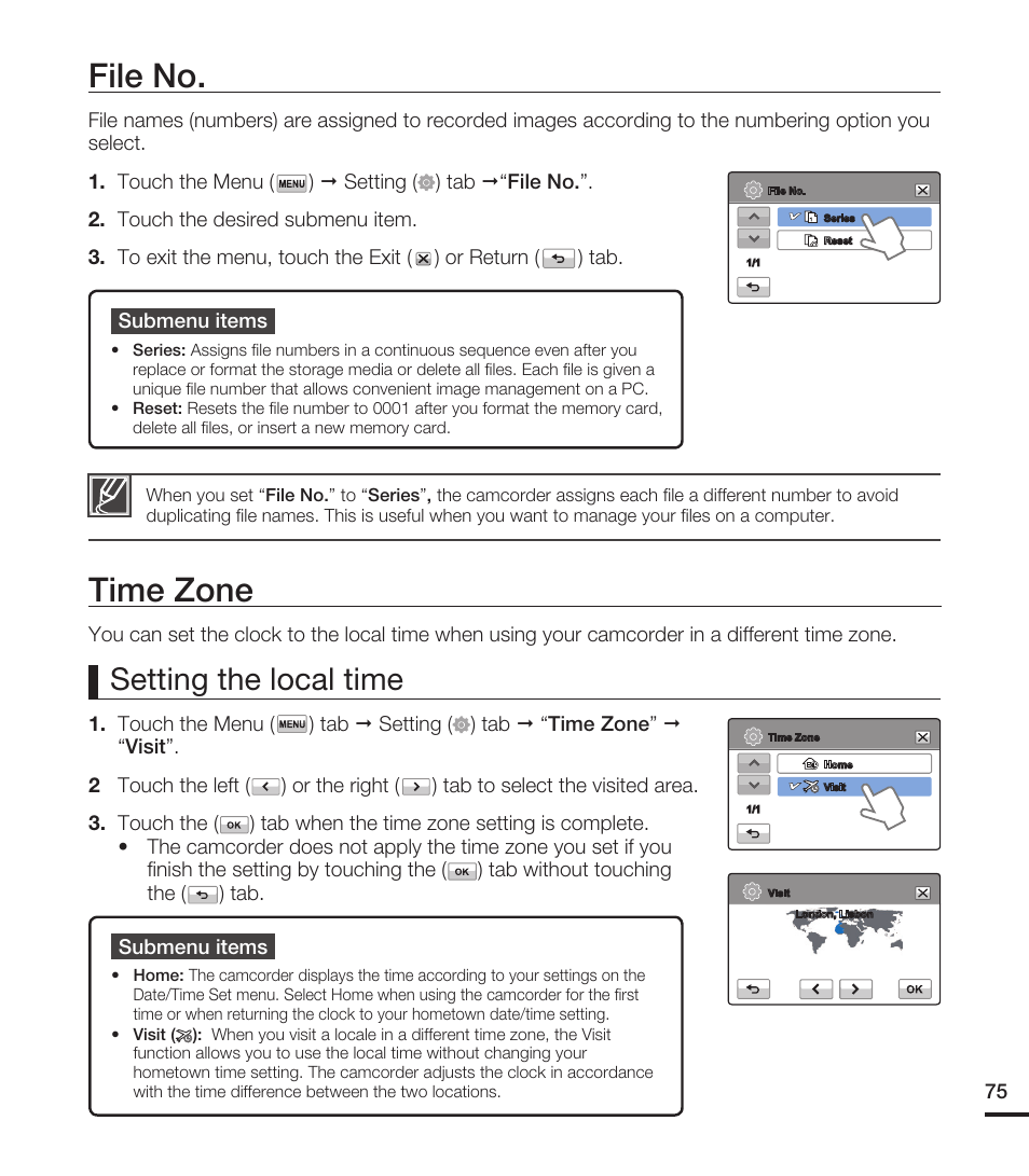 File no, Time zone, Setting the local time | Samsung HMX-T10ON-XAA User Manual | Page 81 / 123