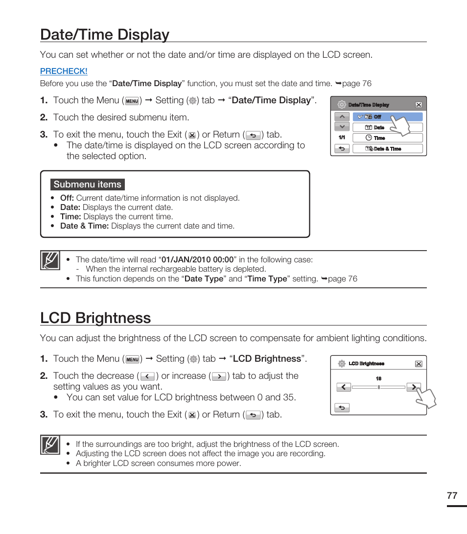 Date/time display, Lcd brightness | Samsung HMX-T10ON-XAA User Manual | Page 83 / 123