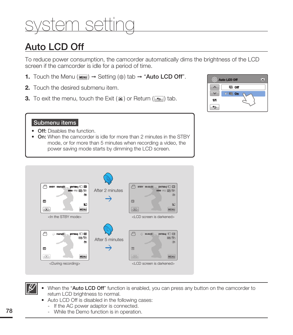 Auto lcd off, System setting, After 2 minutes after 5 minutes | Samsung HMX-T10ON-XAA User Manual | Page 84 / 123