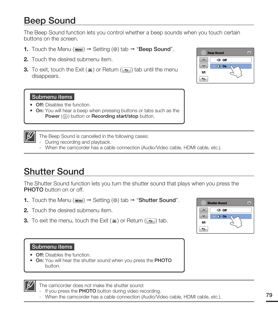 Beep sound, Shutter sound | Samsung HMX-T10ON-XAA User Manual | Page 85 / 123