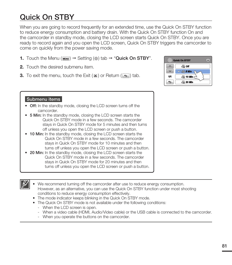 Quick on stby | Samsung HMX-T10ON-XAA User Manual | Page 87 / 123