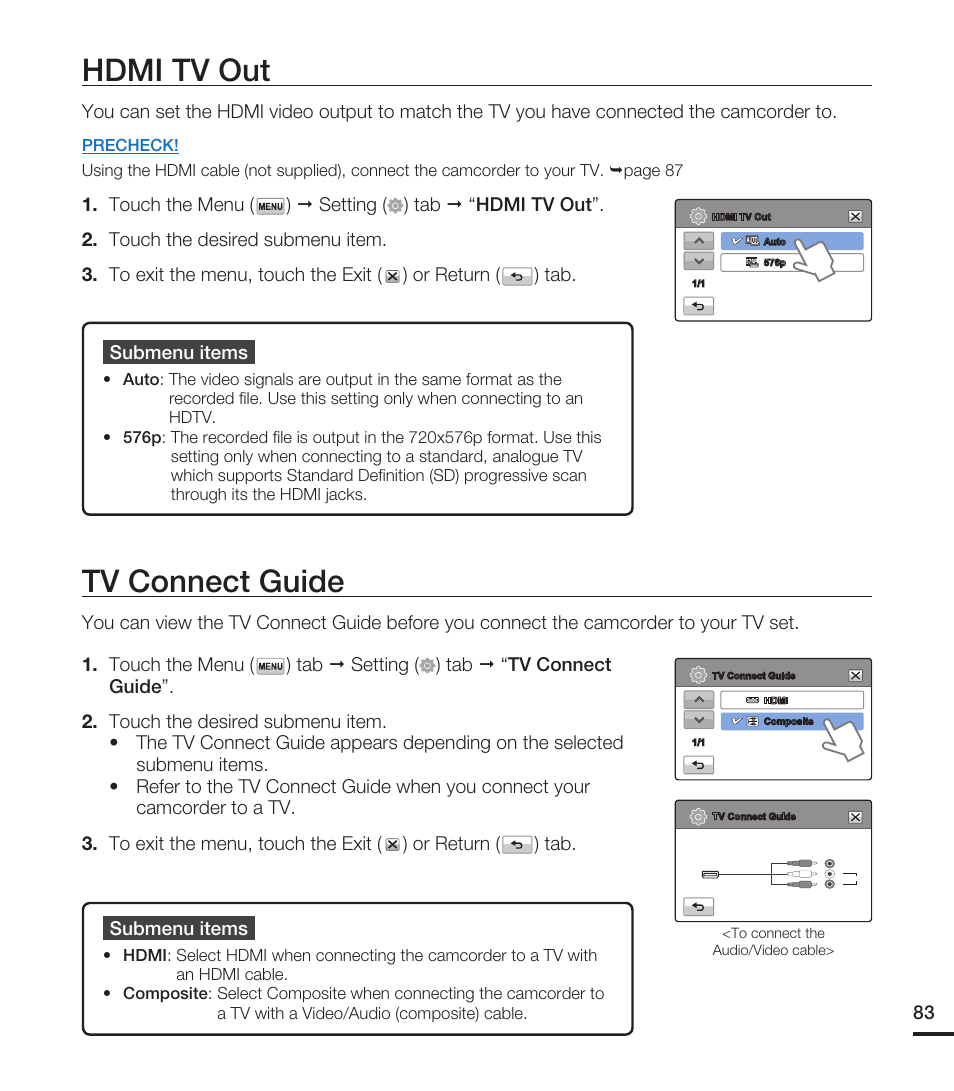 Hdmi tv out, Tv connect guide, Submenu items | Samsung HMX-T10ON-XAA User Manual | Page 89 / 123