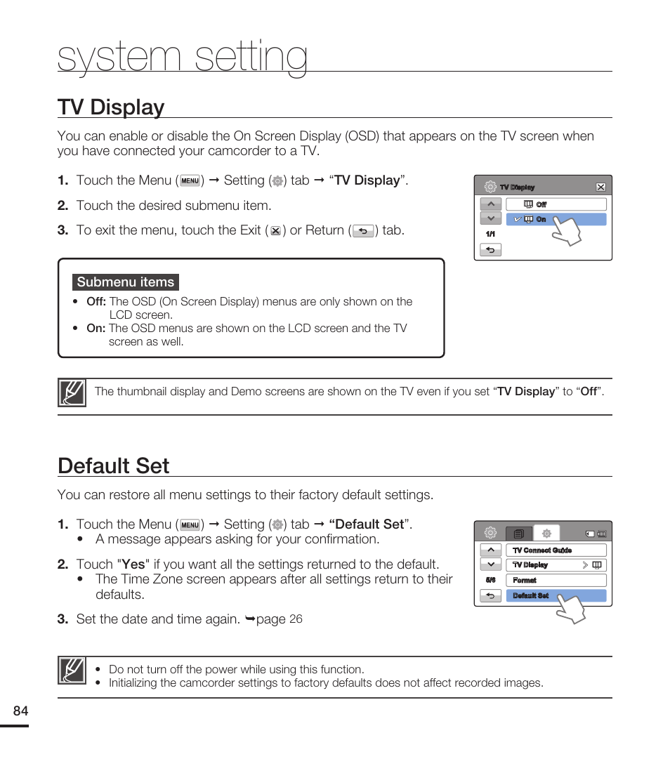 Tv display, Default set, System setting | Samsung HMX-T10ON-XAA User Manual | Page 90 / 123