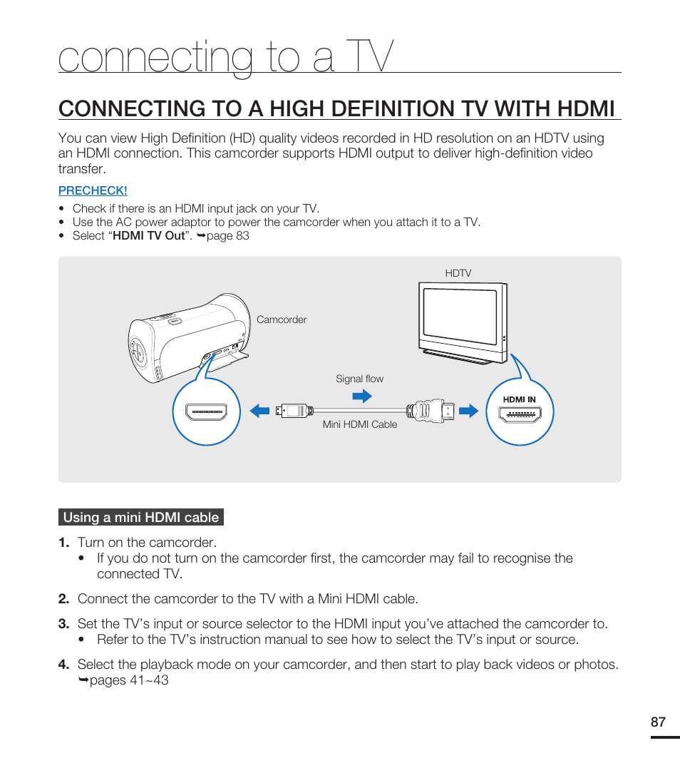 Connecting to a tv, Connecting to a high definition tv with hdmi | Samsung HMX-T10ON-XAA User Manual | Page 93 / 123