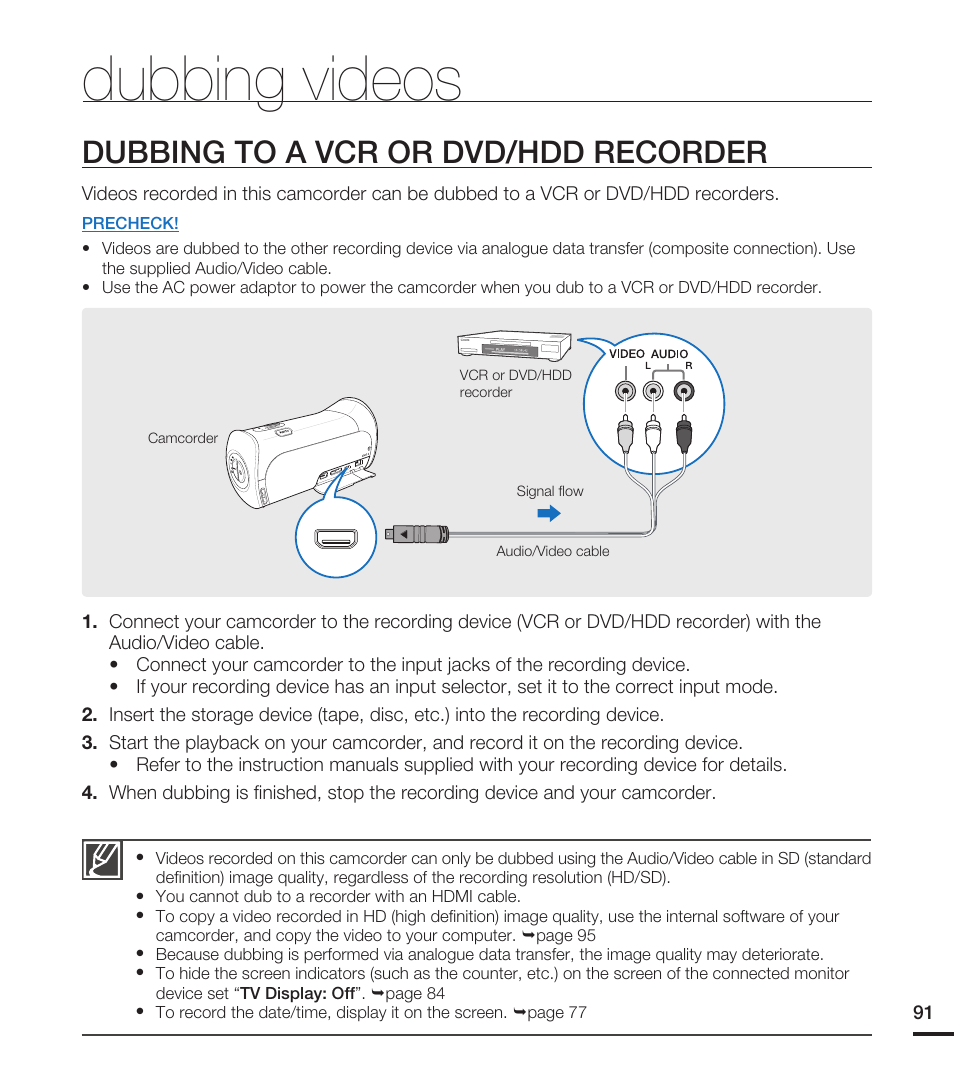 Dubbing videos, Dubbing to a vcr or dvd/hdd recorder | Samsung HMX-T10ON-XAA User Manual | Page 97 / 123